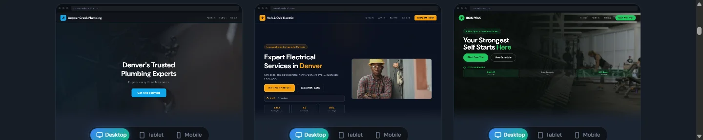 Device-preview component showing three concept builds with desktop, tablet, and mobile switchers.